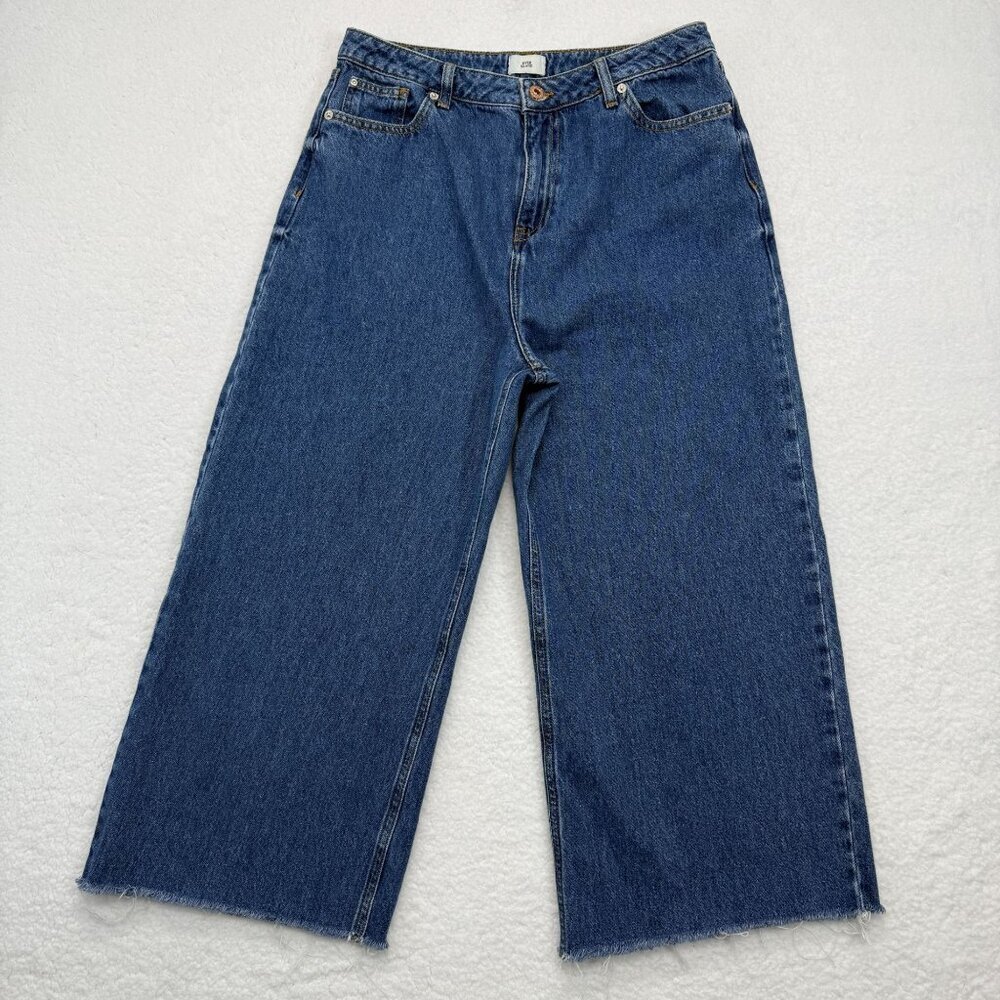 River Island Alexa Crop Super Wide Leg Jeans Midwash Blue Retro Size 14 US 10